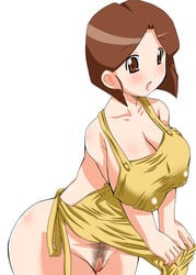 apron bare_shoulders blush breasts brown_eyes brown_hair cleavage curvy erect_nipples female green_hair happy hips housewife large_breasts looking_at_viewer medabots medarot milf naked_apron nipples open_mouth pubic_hair puffy_nipples pussy short_hair sideboob solo tenryou_chidori vagina wide_hips