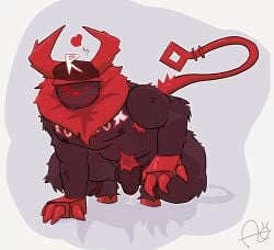 2025 2_horns 4_fingers aimskull anthro areola armpit_hair backsack balls bodily_fluids body_hair brown_body brown_fur claws clothing crouching demon fingers forsaken_(roblox) front_view fur genital_fluids genitals guest_666_(forsaken) hat hat_only headgear headgear_only headwear headwear_only heart_symbol hi_res hooves horn humanoid_genitalia humanoid_penis leaking leaking_precum looking_at_viewer male mammal monster mostly_nude multicolored_body multicolored_fur neck_tuft nipples nonbinary_(lore) penis precum pubes red_body red_claws red_fur signature simple_background slightly_chubby slightly_chubby_male solo tail tuft unknown_species