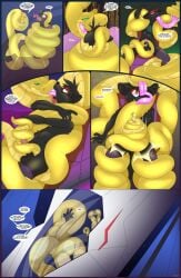 ambiguous_gender anthro balls black_body black_fur black_hair canid canine canis coiling comic deep_throat dialogue digital_media_(artwork) duo english_text feral french_kissing fur genitals green_eyes hair hi_res kissing looking_pleasured male mammal multicolored_body nude onomatopoeia open_mouth oral oral_penetration penetration penis reptile scalie serpentine sex size_difference snake sound_effects space spacecraft star star_eyes tacokurt tail tail_around_penis tail_fetish tail_play tail_sex tailjob teeth text tongue tongue_out vehicle wolf yellow_body zac_(shikanaconda)