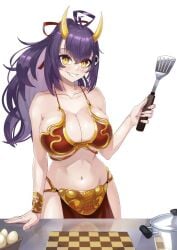 belly_dancer belly_dancer_outfit big_breasts breasts cahryos cooking_pot cosplay cutting_board demon_girl demon_horns egg fat_tits female food-themed_hair_ornament gold_horns hair_ornament harem_girl harem_outfit highres horns huge_breasts indie_virtual_youtuber kitchen large_breasts looking_at_viewer mature_female midriff older_female oni onigiri_(vtuber) onigiri_hair_ornament purple_hair slave_leia_(cosplay) smile spatula star_wars teeth thighs tits virtual_youtuber yellow_eyes