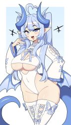 1girls ahoge blue_eyes blue_hair blue_horns blush breasts commission dragon_girl dragon_horns dragon_humanoid dragon_wings eyelashes female female_only hand_on_hip heart_ahoge hi_res humanoid j5daigada legwear long_hair looking_at_viewer pointy_ears smiling smiling_at_viewer smug smug_smile solo tail thick_thighs white_clothing wide_hips wings