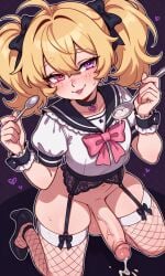 1futa ahoge ai_generated blonde_hair bottomless choker crossdressing cum cum_drip dripping dripping_cum erect_penis erection exposed_penis feeding feeding_cum fishnet_legwear fishnets flushed freckles from_above futanari garter_belt garter_straps half-closed_eyes intersex looking_at_viewer necktie no_panties outline pink_eyes seductive simple_background sitting smile smiling solo spoon stockings tied_hair twintails uniform