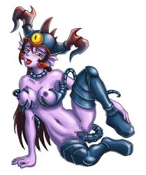 boots breast_squeeze breasts brown_hair censored consensual_tentacles gold_eyes helmet horns long_hair masturbation navel nipples nude psyme purple_skin self_tentacle_fucking sigma_star_saga tentacle thigh_boots thighhighs tongue vaginal_penetration very_long_hair wayforward yellow_eyes