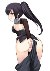 artist_request ass backless_clothing black_hair blush brown_eyes clothing detached_sleeves long_hair open_mouth ponytail pussy tied_hair uncensored undressing