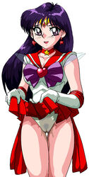 1990s 1996 20th_century bishoujo_senshi_sailor_moon blush cameltoe choker earrings eyeball_(artist) female female_only gloves human long_hair panties pubic_hair purple_hair pussy_juice rei_hino sailor_mars school_uniform skirt_lift smile solo straight_hair tiara underwear