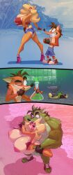 absurd_res activision anthro areola ass bandicoot beach big_breasts bigdad biped blonde_hair breasts clothed clothing comic crash_(series) crash_bandicoot detailed_background duo_focus female female_penetrated flask footwear group hair hi_res high_heels huge_breasts larger_female larger_male male male/female male_penetrating mammal marsupial muscular muscular_male nipples outside penetration penile penile_penetration potion pupils sex shoes size_difference smaller_female smaller_male smile stomach_bulge tawna_bandicoot thick_thighs