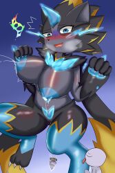 absurd_res anthro areola big_claws black_body black_fur blue_areola blue_eyes blue_nipples blush bodily_fluids breasts buttplug claws duo embarrassed female feral fur gem generation_9_pokemon genital_fluids genitals hi_res humanoid intersex intersex/female lactating leaking legendary_pokemon legs_up lightning_whiskers mega_evolution mega_zeraora nameigo nintendo nipples nude plug_(sex_toy) pokemon pokemon_(species) pokemorph projectile_lactation sex_toy shy teeth tongue tongue_out vulva