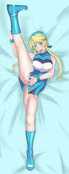 bed blush cheerleader colorado_(artist) covering hair heroman highres humanoid lina_davis long_image lying smile tall_image teeth