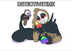 dandys_world dyle_(dandy's_world) held_by_tentacle holding_object large_fangs large_teeth no_legs rodger_(dandy's_world) scared_expression scared_face sitting_position sweating waving