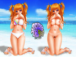 bb beach bikini blonde_hair blush breasts large_breasts long_hair nipples pubic_hair purple_eyes smile sweat swimsuit tabe_koji tanline tied_hair twintails wet