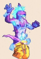 ambiguous_gender anthro anthro_male anthro_only bactover bottomwear bulge bulge_grab clothed clothing disembodied_hand duo electricity furry furry_male furry_only hi_res low_key_toxtricity male male/ambiguous male_pokemon nintendo pokemon pokemon_(species) punch shorts topless toxtricity transparent_hands underwear yellow_clothing yellow_underwear