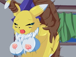 1boy1girl 1girls animal_ear animal_ears animal_fucking animal_humanoid animal_tail cdi covering dark-skinned_male dark_skin digimon female female_focus fur fur_breasts fur_thick_thighs furry large_breasts nipples renamon sex smooth_skin tail