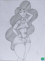 1intersex bulge bulge_through_clothing bulge_under_clothes eyebrows eyelashes fusion fusion_character gem_in_belly gem_on_belly hand_on_head intersex long_hair petite shirt short_shirt short_shorts shorts sketch smile smiling spicypop steven_universe stevonnie thick_thighs tucking_hair_back unknown_gender
