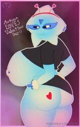 absurd_res anger_vein ass autumn_(rogue) barbell_piercingncrop_top black_shirt border breasts chromatic_aberration closed_mouth clothes_lift colored_sclera colored_skin english_text female from_behind hands_on_own_hips heart hi_res highres huge_breasts jewelry looking_at_viewer looking_back nipple_piercing nipples oc original_character outline piercing rogue_(artist) self_upload shirt shirt_lift short_sleeves solo standing thick_thighs thighs valentine's_day white_border white_outline