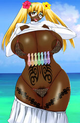 areola bad_proportions bikini blonde_hair breasts cleavage condom condom_accessories condom_belt cum curvy dark-skinned_female dark_skin female female_only flower ganguro gyaru huge_breasts human midriff nipples ocean open_mouth piercing pubic_hair shirt skirt small_head solo swimsuit tattoo thick_thighs tied_hair tongue tongue_piercing twintails used_condom wide_hips