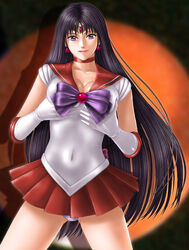 bishoujo_senshi_sailor_moon breast_grab breasts choker cleavage clothing earrings female female_only highres human long_hair looking_at_viewer panties pose posing purple_eyes rei_hino sailor_mars school_uniform skirt small_breasts solo straight_hair tiara toten_(artist) underwear