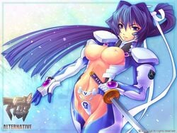 armor blue_hair breasts large_breasts mitsurugi_meiya muv-luv nipples sword weapon