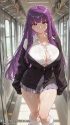 1girls ai_generated big_breasts breasts dreamyan_ai expressionless female female_focus female_only fern_(sousou_no_frieren) frieren_beyond_journey's_end gyaru hi_res high_quality high_resolution highres huge_breasts looking_at_viewer purple_eyes purple_hair sousou_no_frieren thick_ass thick_thighs thighs train uncensored