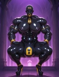 abs ai_generated biceps drone drone_transformation droneification dronesuit futanari huge_bulge latex latex_transformation lock_bulge lock_symbol muscular_futa muscular_thighs squatting thick_lips thick_thighs very_muscular