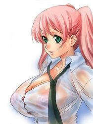 1girls artist_request blush breasts candy_cane_(rumble_roses) cleavage female female_only green_eyes huge_breasts konami nipples pink_hair rebecca_welsh rumble_roses see-through smile solo tied_hair twintails wet