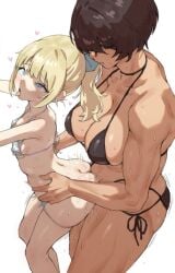 2girls bent_over blonde_hair blue_eyes blush breasts brown_hair clothed_sex dark-skinned_female dark_skin doggy_style futa_with_female futanari grabbing_another's_ass groping height_difference highres kei_(m_k) large_breasts larger_futa long_hair m_k multiple_girls original ponytail rika_(m_k) sex sex_from_behind short_hair simple_background size_difference sweat swimsuit tall_female tan tomboy torso_grab vaginal_penetration