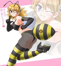 bee_costume blush breasts cleavage clothing cosplay glasses monster_girl pointy_chin sasamori_karin smile stockings to_heart_(series) to_heart_2 translation_request wink