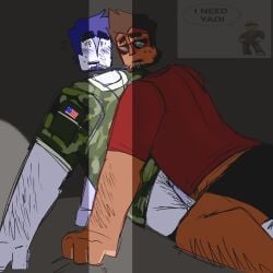 blue_hair brown_hair caught caught_in_the_act clothed colored facial_crest forsaken_(roblox) frotting gay grinding guest_1337_(forsaken) guest_1337_(the_last_guest) literally makeout matt_(the_last_guest) mostly_clothed old_man_yaoi tan_skin the_last_guest white_skin yaoi