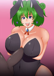 animal_ear breasts bunny_girl bunnysuit censored cleavage clothing dark-skinned_male dark_penis dark_skin dragon_quest dragon_quest_iv female gekikara_koushinryou heroine_(dq4) human large_breasts male myougi_kuraganosuke paizuri penis smile straight titfuck