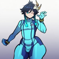 1:1 1boy ai_generated aqua_eyes aqua_hair black_hair blue_bodysuit blue_hair blush bodysuit braid bulge closed_mouth cosplay femboy flower genshin_impact gradient_background gradient_hair green_eyes hair_flower hair_ornament looking_at_viewer male male_focus male_only metroid multicolored_hair one_eye_closed otoko_no_ko plugsuit samus_aran_(cosplay) skin_tight smile solo thick_thighs thighs twin_braids venti_(genshin_impact) waving wide_hips zero_suit zero_suit_samus_(cosplay)