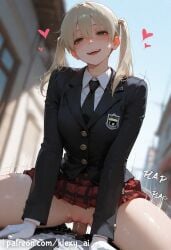 1boy 1girls ai_generated bangs bare_shoulders blonde_hair blue_eyes breasts cameltoe cleavage collarbone cowboy_shot female female_on_cloth female_on_top green_eyes klexyai large_breasts long_hair looking_at_viewer maka_albarn male medium_breasts nai_diffusion navel open_mouth outdoors parted_lips penis penis_in_pussy pussy skindentation smile solo soul_eater squatting stable_diffusion twintails