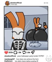 accident accidental_exposure animal_humanoid anthro ass big_butt bodysuit clothing english_text femboy halloween hi_res holidays huge_butt humanoid hyper hyper_butt instagram lagomorph lagomorph_humanoid leporid_humanoid male male/male mammal mammal_humanoid mirror mirror_reflection mirror_selfie rabbit_humanoid reflection selfie skee-lo skeleton_costume skinsuit solo text tight_clothing wowthisisgreat