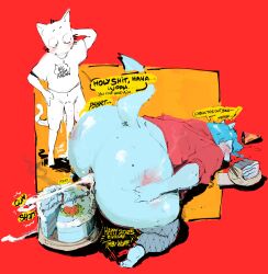 2025 absurd_res anon anthro ass big_butt blue_body blue_hair blush bodily_fluids cake cake_slice canid canine canis clothing cum cum_drip cum_fart dessert dialogue dripping duo elchilenito fishnet_clothing fishnet_legwear food genital_fluids hair hand_print hat headgear headwear hi_res jacket legwear male male/male mammal neato_05 party_hat speech_bubble thick_thighs timbywuff topwear wolf