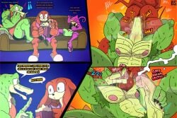 anthro armpit_hair bacon_sama balls big_balls big_muscles big_pecs big_penis blush bodily_fluids body_hair bored bottomwear bulge chameleon chin_tuft claws clothing comic crocodile crocodilian cum deep_throat detailed_bulge dialogue drooling echidna ejaculation english_text espio_the_chameleon facial_hair facial_tuft fangs flip_flops food footwear foreskin furniture genital_fluids genital_outline genitals gesture goatee group hand_behind_head hand_gesture hand_on_head hi_res huge_balls huge_cock knuckles_the_echidna larger_male lizard long_feet long_tongue looking_pleasured male male/male mammal masturbation moan monotreme motion_blur motion_lines muscular muscular_male musk musk_cloud musky_balls musky_penis neck_bulge nervous on_sofa oral oral_penetration pecs penetration penile penile_masturbation penis penis_outline popcorn pubes reptile saliva sandals scalie scared scrotum_flap sega sex shirt shoes shorts sitting sitting_on_sofa size_difference sleep_sex sleeping slippers smaller_male sofa sonic_(series) sonic_the_hedgehog_(series) sound_effects speech_bubble sweat sweatdrop tank_top teeth text throbbing throbbing_balls throbbing_penis thumbs_up tongue topwear trio tuft vector_the_crocodile vowelless vowelless_sound_effect watching_movie zzz