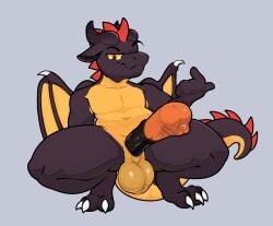 3_toes 4_fingers animal_genitalia animal_penis anthro balls beckoning big_penis black_body black_scales bodily_fluids claws crouching digitigrade dragon equine_genitalia equine_penis erection eyebrows feet fingers genital_fluids genitals gesture gradient_background grey_balls hi_res horn leaking_precum leaning leaning_backward looking_away male membrane_(anatomy) membranous_wings multicolored_body multicolored_penis muscular muscular_anthro muscular_male mythological_creature mythological_scalie mythology nude orange_eyes orange_sclera penis penis_towards_viewer phasmatodea_(phasmathewriter) precum presenting presenting_penis saggy_balls scales scalie seductive simple_background smile smirk solo spines tail toe_claws toes tybrowse wings yellow_body yellow_scales