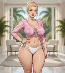 1girls ai_generated belly_button big_breasts blonde_hair blurry_background bracelet breasts busty cel_shading checkered_clothes choker cleavage female female_only front-tie_top grey_eyes grok hair_bun hair_strand hand_on_hip hotel_room hourglass_figure indoors large_breasts light-skinned_female long_sleeves looking_at_viewer lounge_chair midriff milf mommy nail_polish one_hand_on_hip outdoor_background palm_tree pelvic_line potted_plant realistic resort rgomez007 self_upload side-tie_bikini_bottom slight_smile solo solo_female standing thick_eyelashes thick_outline thick_thighs updo voluptuous warm_lighting wide_hips