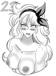 bad_launch bite bite_mark bite_mark_on_breast biting_lip black_and_white breasts breasts_out dragon_ball dragon_ball_z greyscale hair_ribbon kinktober kinktober_2025 launch lfam lipbite looking_at_viewer self_upload tagme