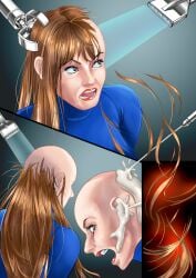 1girls bald bald_female dollification female femsub fully_clothed hair_removal hkr06 latex machine machine_bondage mechanical_arm open_mouth png rubber tight_clothing transformation