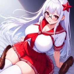 ai_generated big_breasts big_thighs glasses loji red_eyes school_uniform silver_hair
