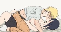 2boys bed bedroom black_hair black_markings blond_male blonde_hair blonde_male blush bottom canon_couple caressing_face clasping_face closed_eyes doomed_yaoi dry_humping dry_humping_goat face_markings flat_colors gay grabbing_face grasping_face grinding grinding_on_penis grinding_through_clothes gripping_face holding_face inexperienced inexperienced_male kiss_on_lips kissing making_out male male/male male_focus male_only marking markings muscular muscular_male narusasu naruto naruto_(series) naruto_shippuden no_shading no_visible_genitalia no_visible_penis on_back on_bed on_top pale-skinned_male pale_skin pants pinned pinned_down pinning pinning_down questionable request requested rubbing rubbing_pussy sasuke_uchiha sasunaru shirt shirt_lift shirtless shirtless_male shorts shorts_only side_view simple_background smooch socks straddling straddling_lap tan-skinned_male tan_skin top topless topless_male toxxnyaa uchiha_sasuke uzumaki_naruto watermark yaoi