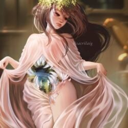 black_eyes body_horror brown_hair expressionless feet_out_of_frame female head_tilt head_wreath highres hole_in_chest hole_on_body long_hair monster_girl original robe_lift sacrilaig sharp_teeth solo stomach_mouth teeth very_long_hair