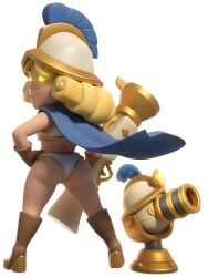 1girls ai_generated alternate_version_available ass back_view beach bikini blonde_female blonde_hair clash_(series) clash_royale edit edited female female_focus female_only glowing_eyes hero_musketeer_(clash_royale) littlebigdih posing posing_for_the_viewer summer turret weapon