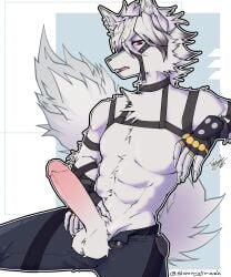 abs absurd_res anthro belly belt body_hair bottomwear bottomwear_down bound breath breathing bulge canid canine canis chained chains chest_fur chest_hair chest_tuft clothed clothing erection fingerless_gloves fluffy fluffy_chest fur genitals glistening glistening_eyes gloves glowing glowing_eyes grey_body grey_fur grey_hair hair hair_over_eye half-closed_eyes handwear harness hi_res highlights_(coloring) jewelry leather leather_harness looking_at_viewer male mammal markings mihoyo muscular muscular_anthro muscular_male muzzle_(object) muzzled narrowed_eyes navel neck_tuft necklace open_bottomwear open_clothing open_mouth open_pants panting pants pants_down partially_clothed pecs penis pointy_ears prick_ears pubes raised_tail red_eyes ring shirtless shirtless_anthro shirtless_male solo spread_legs spreading tail tail_markings tail_motion tail_tuft tailwag teeth tired tired_eyes tongue trazh tuft von_lycaon white_body white_fur white_hair wolf wolf_tail zenless_zone_zero