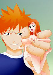 1boy 1girls bb bleach breasts female highres ichigo_kurosaki inoue_orihime jitenshasw large_breasts male minigirl nipples nude pussy size_difference uncensored