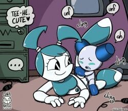 1boy 1boy1girl 1girls background blue_hair cabinet cartoon_network cling cord crossover crossover_pairing crossover_sex crossover_ship crossover_shipping cute dialogue female garabatoz jenny_wakeman machine male missionary monitor my_life_as_a_teenage_robot nickelodeon onomatopoeia plug purple_wall robot robot_boy robot_girl robot_on_robot robotboy robotboy_(character) size_difference smile spread_legs straight thought_bubble trait_connection tv vaginal_penetration watermark wholesome xj-9