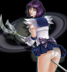 ass bishoujo_senshi_sailor_moon clothing female female_only highres hotaru_tomoe looking_at_viewer looking_back panties purple_eyes purple_hair sailor_saturn school_uniform skirt small_breasts smile solo straight_hair tiara toten_(artist) underwear