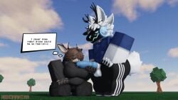 1boy 1girls 3d 3d_(artwork) 4_ears 4_fingers abs anthro anthro_on_anthro antlers artist_name balls big_breasts big_penis black_clothing black_sweater black_topwear blue_clothing blue_glans blue_knot blue_penis blue_shirt blue_topwear breasts canid canine clothed clothing cloud curvy_figure deer digital_media_(artwork) english_text female fingers fox genitals glans grass hair hair_over_eyes hand_on_hip hand_on_knee hand_on_leg horn hybrid hybrid_genitalia hybrid_penis kneeling knot machine male male/female mammal multi_ear muscular muscular_anthro muscular_male nekomaniaa pecs penis penis_awe penis_out plant protogen roblox robloxian shirt simple_background sky smug_face standing sweater text thick_thighs thighs thought_bubble topwear tree visor watermark white_body wide_hips