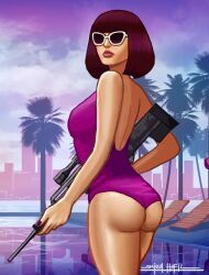 amirulhafiz ass ass_focus bare_shoulders crossover emotionless emotionless_female expressionless female_only goomba_girl grand_theft_auto grand_theft_auto:_vice_city holding_sniper_rifle leotard lowres purple_leotard sniper_rifle super_mario_bros. tagme text transformation unbothered uncaring uncaring_female watermark