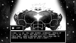16:9 big_muscles big_pecs cosmic_being dialogue english_text entity growth huge_muscles huge_pecs humanoid hyper hyper_muscles in_stars_and_time loop_(in_stars_and_time) magic male male/male monochrome muscle_growth muscular nonbinary nonbinary_(lore) pecs solo speech_bubble text widescreen wowthisisgreat