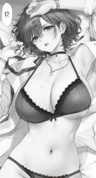 !? arm_up armpits bra breasts choker earrings female greyscale highres higuchi_madoka idolmaster idolmaster_shiny_colors jewelry lace lace-trimmed_bra lace-trimmed_panties lace_trim large_breasts looking_at_viewer mole mole_under_eye monochrome navel necklace on_bed open_clothes open_shirt panties re0n short_hair solo spoken_interrobang stomach sweat underwear wavy_hair