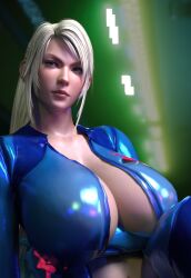 big_breasts blonde_female blonde_hair blonde_hair_female cleavage green_eyes metroid nintendo samus_aran xapo69 zero_suit zero_suit_samus